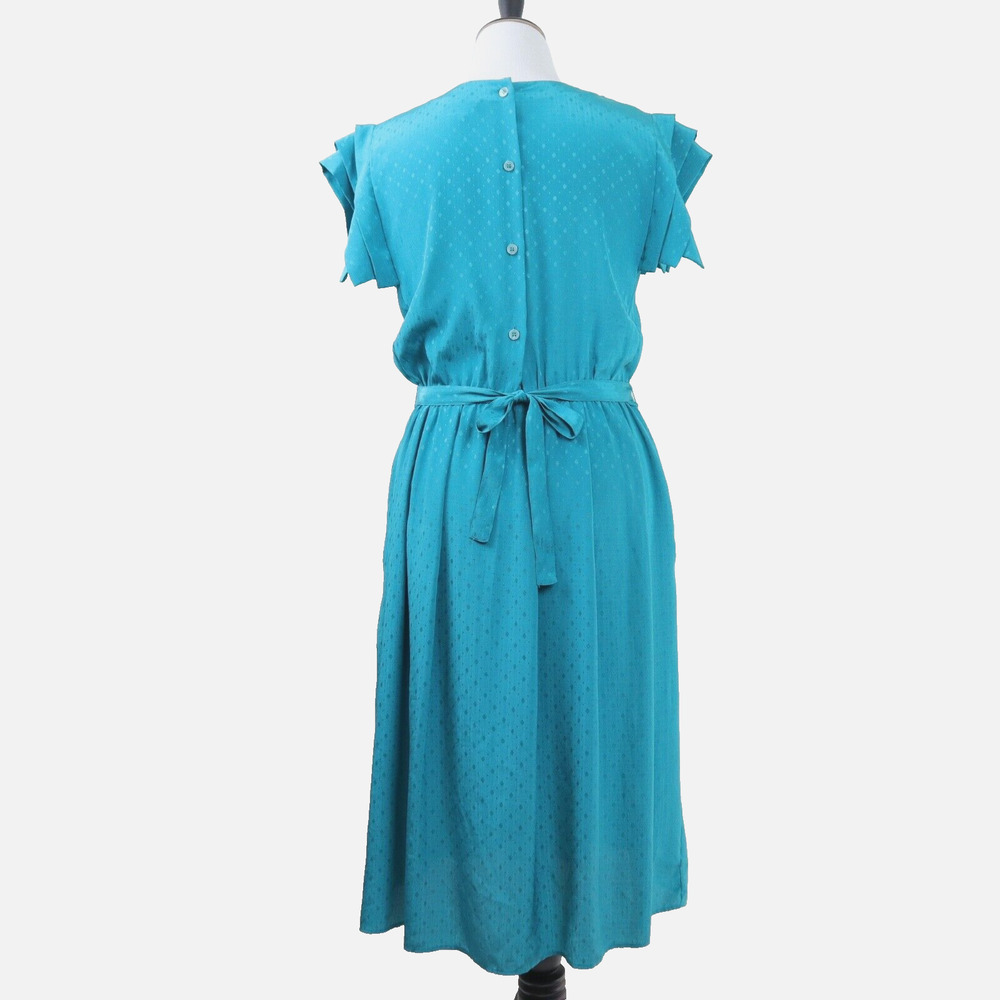 Vintage 1980s Sunshine Alley Size 12 Ruffle Sleeve Dress Teal Satin - Picture 4 of 10